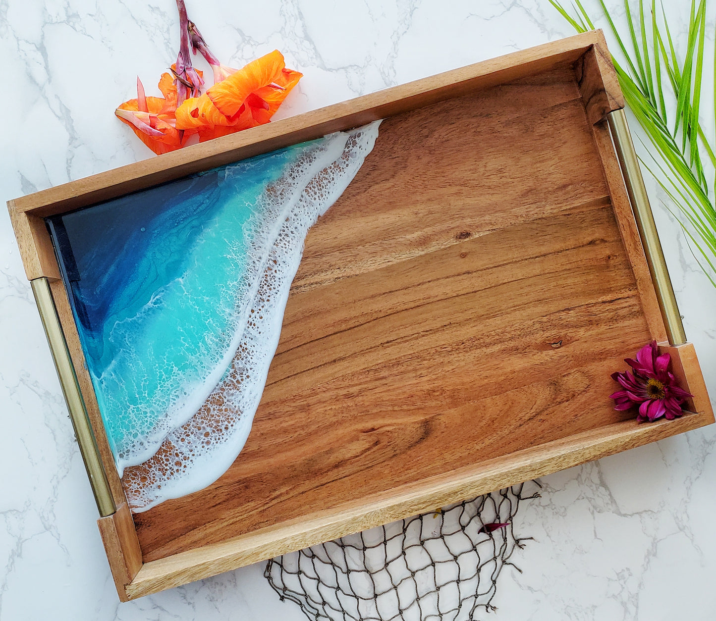 Large Wooden Serving Tray with Brass Handles