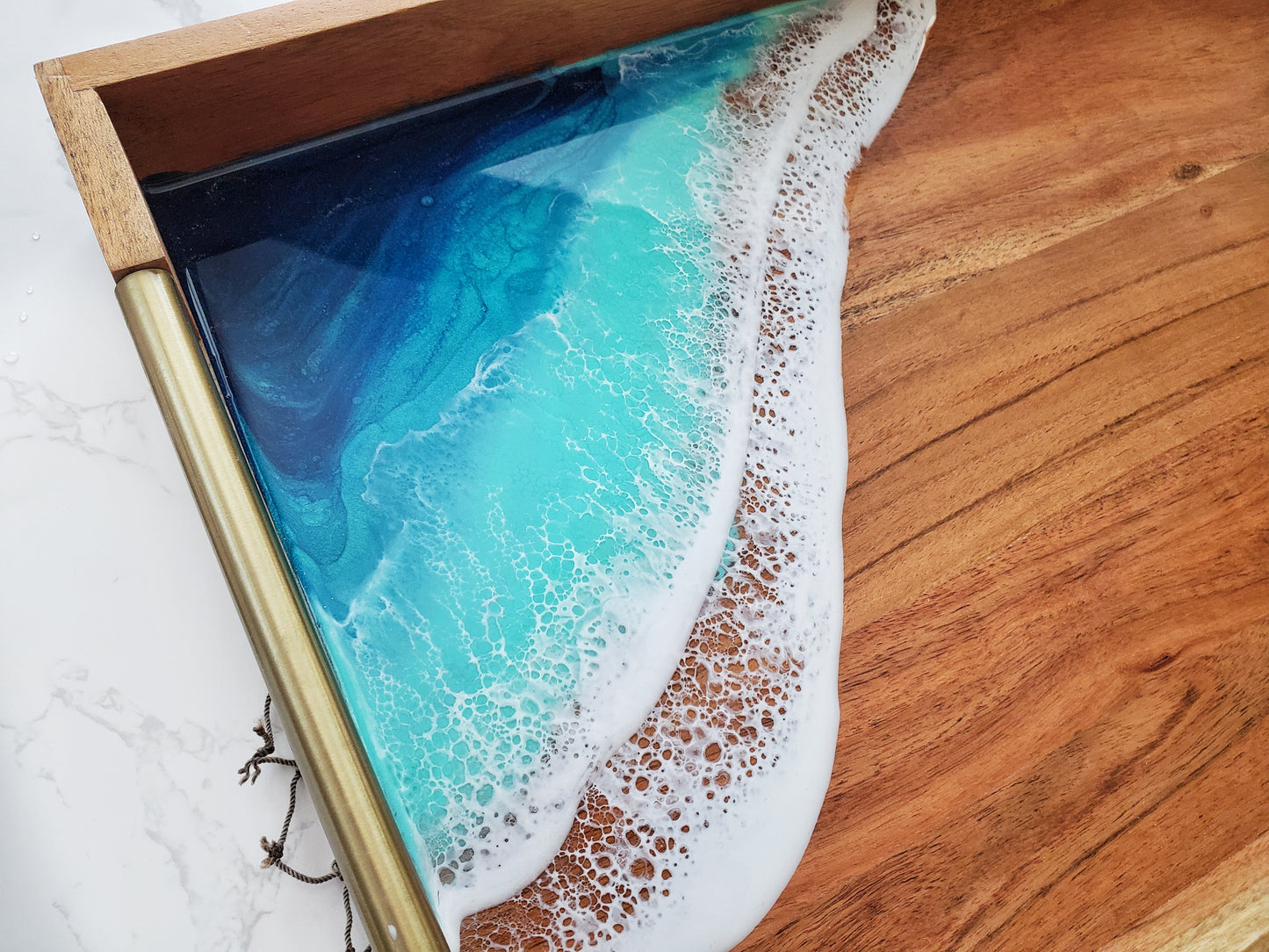 Large Wooden Serving Tray with Brass Handles